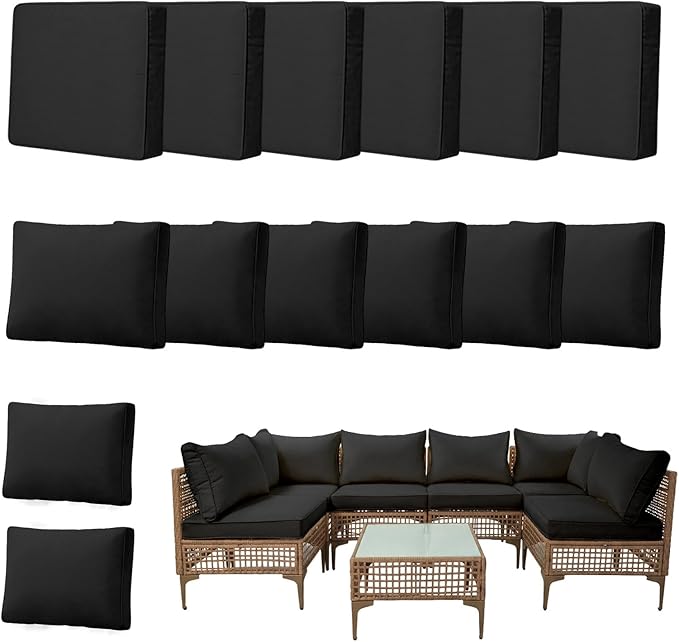 14pcs Outdoor Patio Cushion Covers Replacement, 24" Zippered Outdoor Cushion Covers Waterproof, UV Resistant & Washable Patio Furniture Cushion Covers Waterproof for Patio Sectional, Covers Only Black