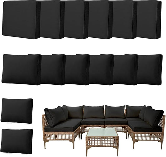 14pcs Outdoor Patio Cushion Covers Replacement, 24" Zippered Outdoor Cushion Covers Waterproof, UV Resistant & Washable Patio Furniture Cushion Covers Waterproof for Patio Sectional, Covers Only Black