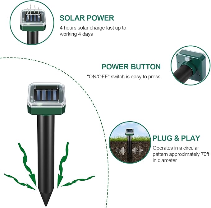 Mole Repellent for Lawns 8 Pack, Solar Powered Mole Repeller Ultrasonic Gopher Repellent, Outdoor Waterproof Vole Vibration Stakes,Sonic Gopher Deterrent Yard for Rodent Groundhog Snake Chipmunk