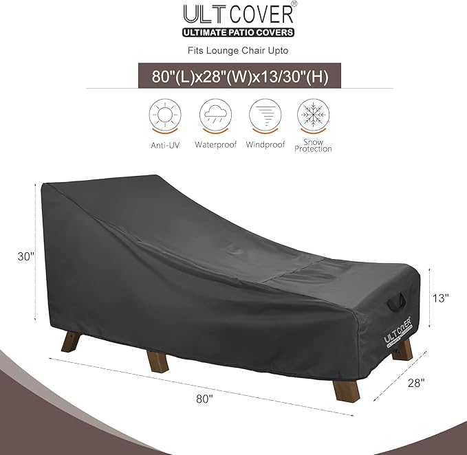 ULTCOVER Waterproof Patio Lounge Chair Cover Heavy Duty Outdoor Chaise Lounge Covers - 80L x 28W x 30H inch, Black