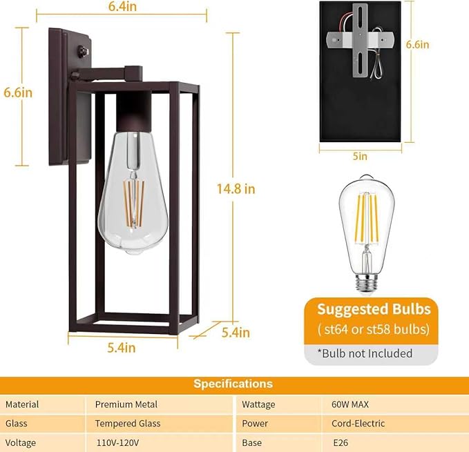 2 Pack 15'' Oil Rubbed Bronze Dusk to Dawn Outdoor Front Porch Lights for Outside, Large Exterior Lighting Fixtures Wall Mount for House, Wall Sconce Lamp, Waterproof Lantern Coach Lights for Garage
