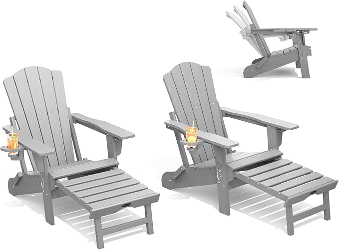 THOEOE Folding Adjustable Adirondack Chairs with Ottoman & 1 Cup Holders Set of 2, HDEP Multifunctional Adirondack Chair with Footrest,Grey
