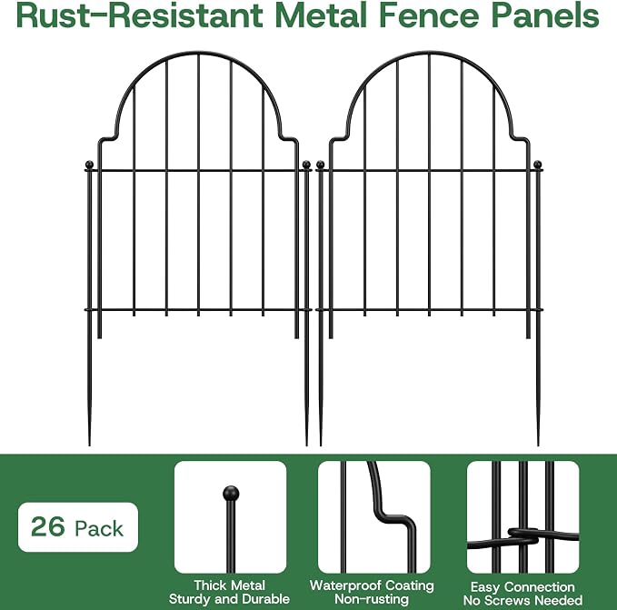 Garden Fence Animal Barrier, 17in H x 27.23ft L, 26 Panels Rust-Resistant Decorative Garden Fence, No Dig Small Garden Fence for Garden Yard Flower Bed Patio Outdoor