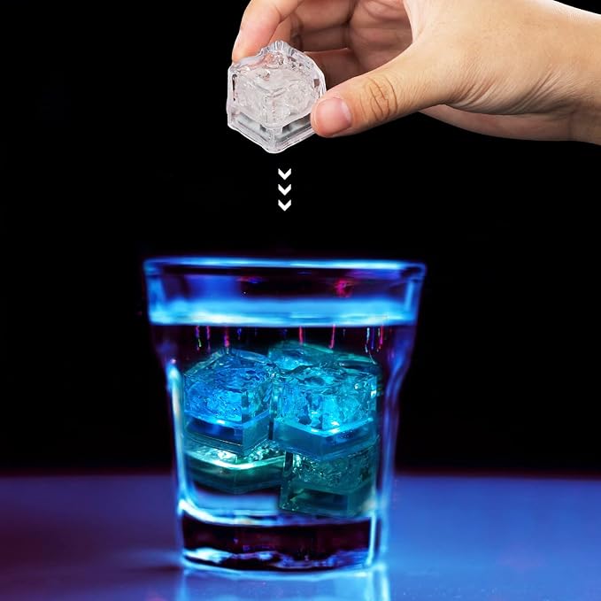 Light Up Ice Cubes for Drinks, 96 PCS Blue LED Ice Cubes Liquid Activated, Glow in The Dark Waterproof Ice Cubes for Home Bar Supplies Summer Party Wedding Decor