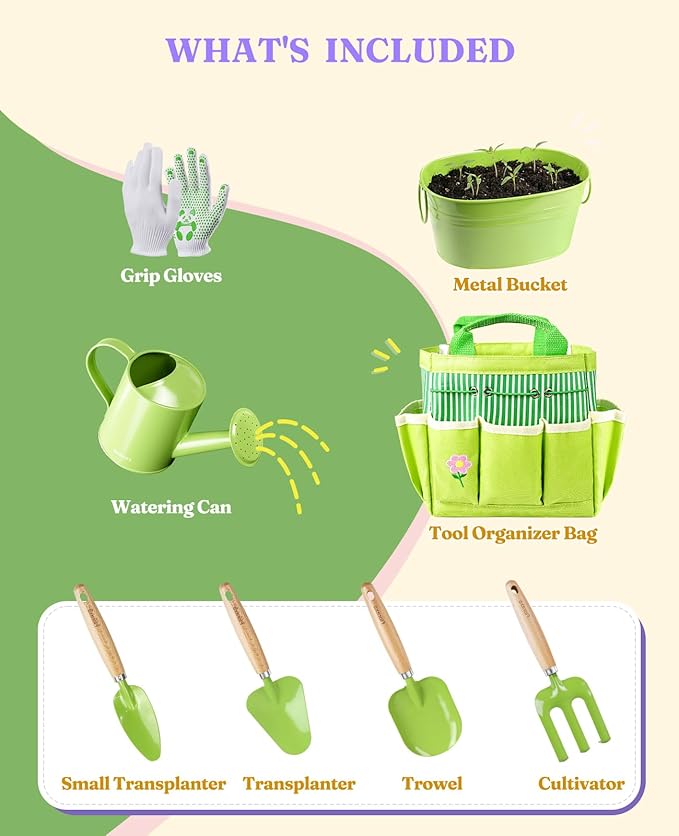 8Pcs Kids Gardening Set with Metal Basket & Real Metal Tools, STEM Outdoor Kit, Ergonomic Wooden Handles, 3 Shovels, Rake, Watering Can, Gloves, Gift for Toddler Boys Girls, Green