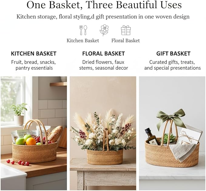 Handwoven Rattan Storage Basket with Handles, Natural Wicker Decorative Basket for Kitchen Counter, Pantry Organization, Floral Arrangement, Gift Packaging & Home Decor