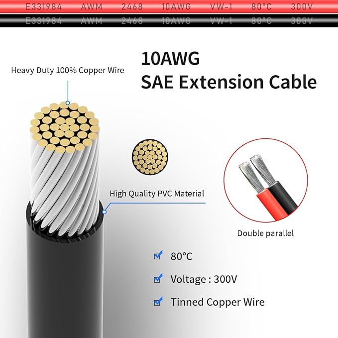 ELFCULB 10AWG 35FT SAE Extension Cable 3/6/10/20/35/50FT Quick Disconnect Wire Harness with SAE Connector for Automotive RV Battery Solar Panel