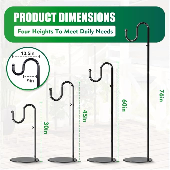 76" Shepherds Hook Stand for Indoor & Outdoor, Heavy Duty Adjustable Plant Hanger with Weighted Base, Bird Feeder Pole for Hanging Plants, Lanterns, Wind Chimes & Wreath