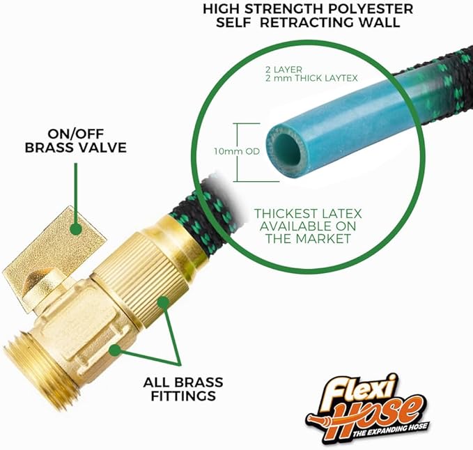 Flexi Hose with 8 Function Nozzle, 25FT - Lightweight Expandable Garden Hose, No-Kink Flexibility, 3/4 Inch Solid Brass Fittings and Double Latex Core - Green