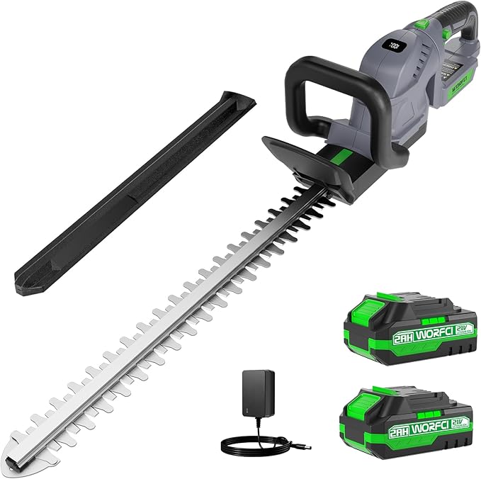 20-Inch Cordless Hedge Trimmer (Includes 2 Batteries and Charger), Electric Handheld Bush Trimmer, 180° Rotatable Handle, Grass Shrub Trimmers, Lightweight & Compact Grey