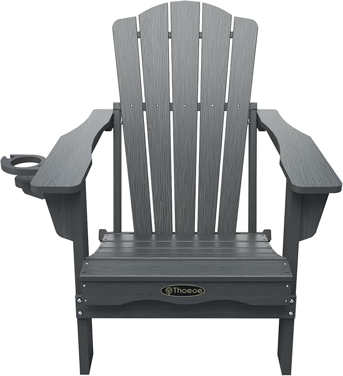 THOEOE Folding Adirondack Chair Set of 2,HDPE All-Weather Outdoor Chair with Cup Holder,Wooden Textured,Fire Pit Chair,Plastic Patio Chair for Deck,Backyard,Garden,Lawn, Grey