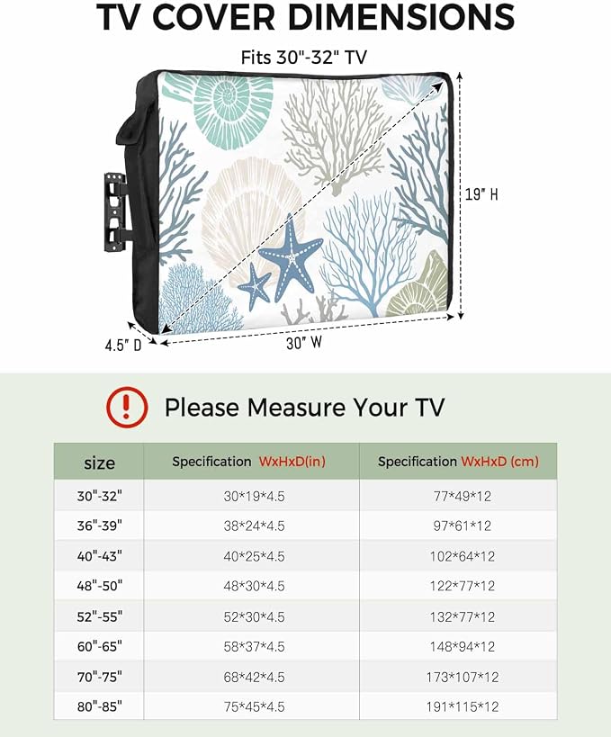 Coastal Outdoor TV Cover - 40 to 43 Inches, Weatherproof & Waterproof, Summer Beach Blue Teal Coral, Nautical Starfish Screen Protectors