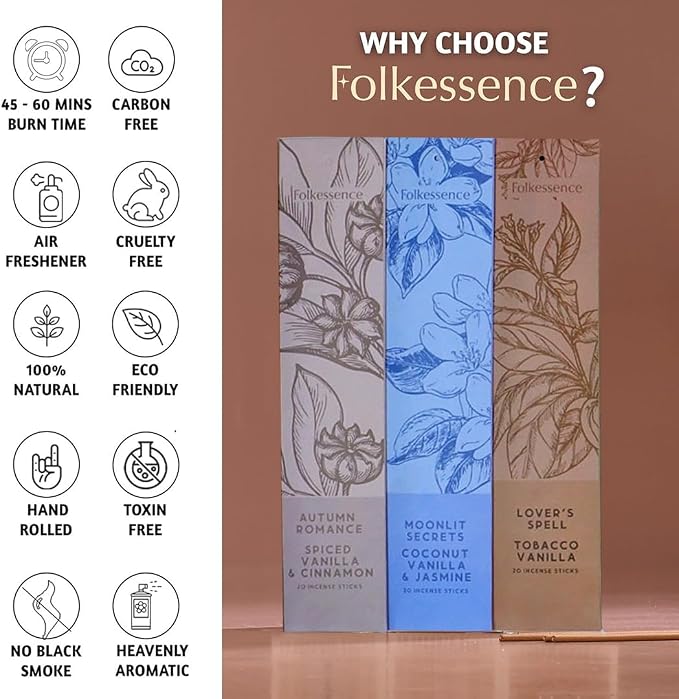Folkulture Incense Sticks (240 Sticks) | Set of 12 Premium Incense Sticks Variety Pack Aromatherapy Gifts | No Charcoal, Organic, Non Toxic, 45 Mins, Long Burning Palo Santo, Vanilla Insence-Sticks