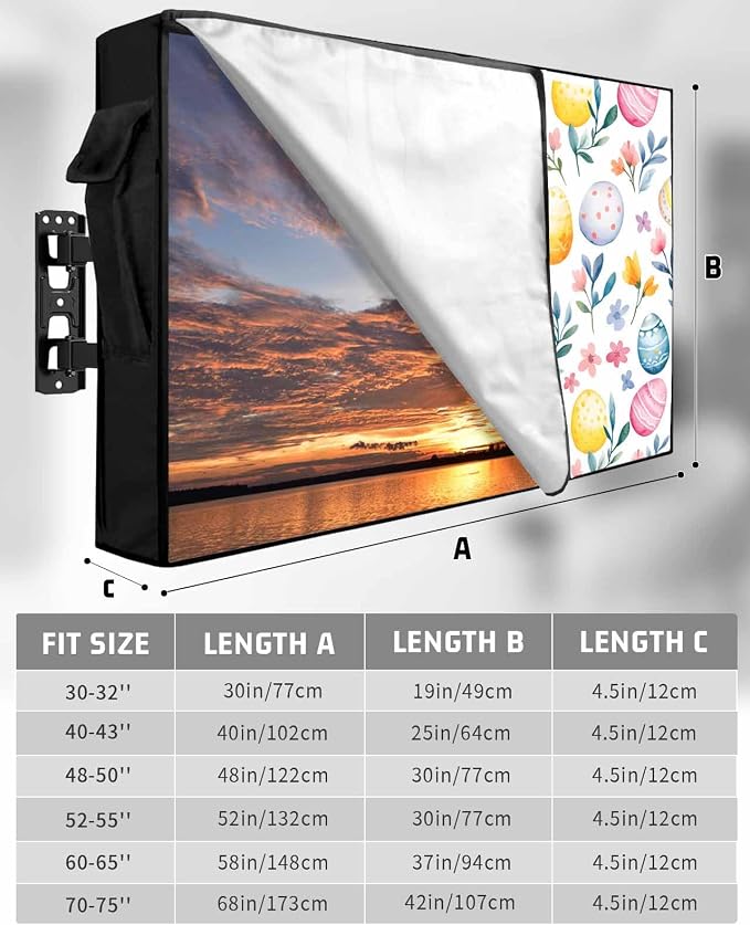 Easter Egg Outdoor TV Cover for Outside Flat Screen,Spring Flower 600D Thick Waterproof Weatherproof Outdoor TV Screen Protector with Zipper for 60 to 65 Inch Flat Screens Colorful Floral Leaves