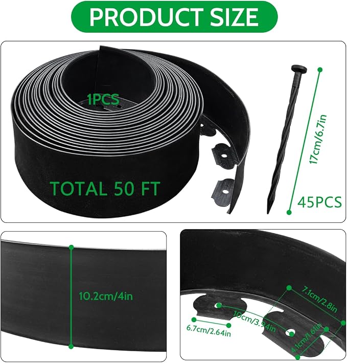 50 FT Landscape Edging No Dig [Extra Tall 4 Inch High] with 45 Spikes, Heavy-Duty Plastic Garden Edging Border (Black, 50 FT) (Black, 50FT)