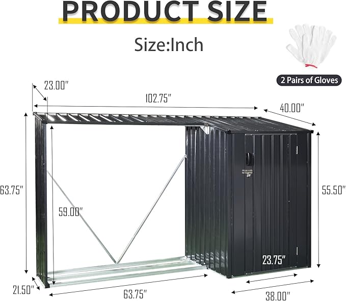 YOPTO 106.5" Outdoor Steel Firewood Rack Metal Storage Shed with Door and Reinforced Base,Multi-Functional 2 in 1 Waterproof Cabinet W/Roof,for Equipment Machines,Black