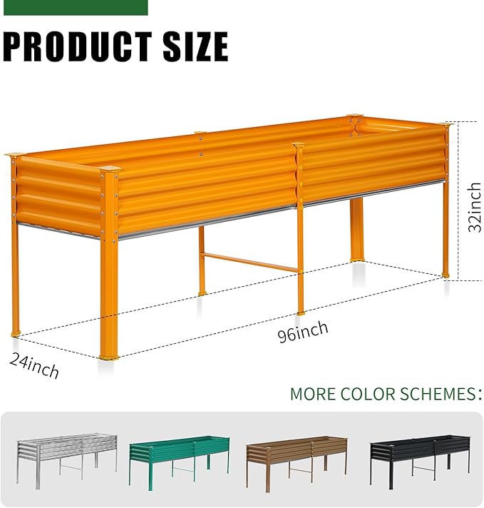 Land Guard Galvanized Raised Garden Bed with Legs, 96×24×32in Raised Garden Beds Outdoor with Drainage Holes, Planter Boxes Outdoor for Backyard, Patio, Balcony, 1200lb Capacity, Cream Yellow