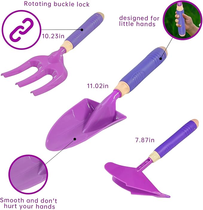 Qtioucp 16Pcs Kids Gardening Tools Outdoor Toys Set Backyard Play with 93 PCS DIY Flower Garden Building Preschool Activities (Purple)