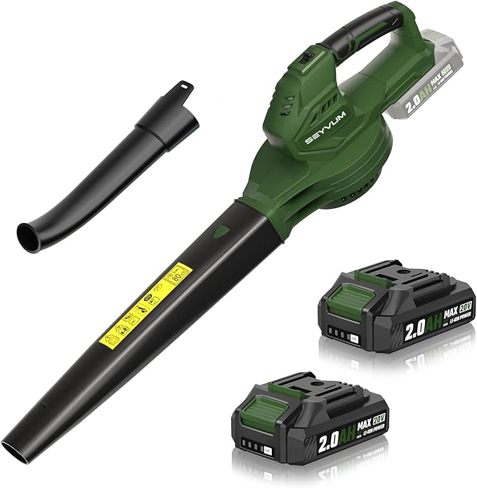 SEYVUM Leaf Blower, 20V Cordless Blower with 2 x 2.0Ah Battery, Electric Leaf Blowers for Lawn Care, 350 CFM 150 MPH Battery Powered Leaf Blower, for Patio, Garden Cleaning, Fast Charger, Dark Green