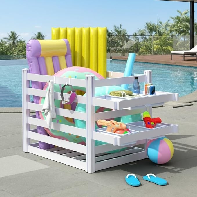 EUNHOO Pool Toy Storage Organizer, 64" L x 36" W x 39" H, Outdoor Deckbox with 4 Removable Towel Hooks & 2 Basket Rack (Basket not incl.) Waterproof Poolside Float Equipment Enclosure Bins Deck