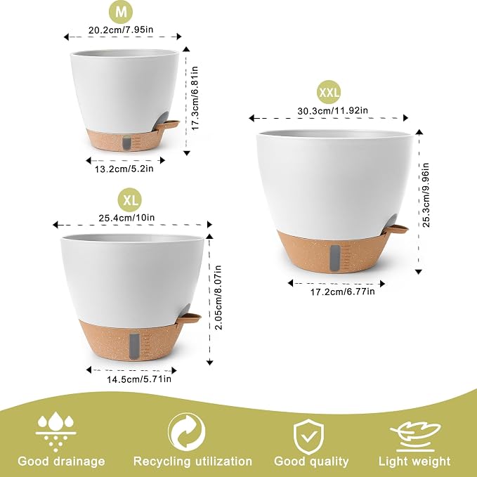 Self Watering Pots for Indoor Plants, 3 Pack 12/10/8 Inch, Large Planter with Water Reservoir, Modern Decorative Flower Pots for Home & Office White