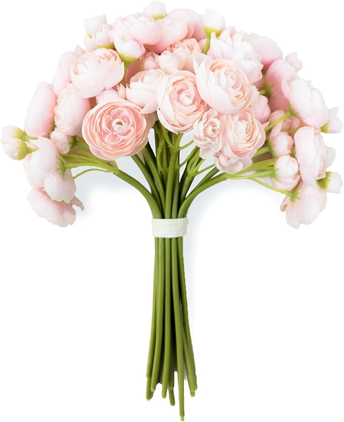 Ranunculus Artificial Flowers 18pcs, Faux Silk Mini Ranunculus Bulk Fake Wedding Filler Flowers for DIY Bouquets Centerpieces Bridal Shower Decorations Arrangements, Blush Pink
