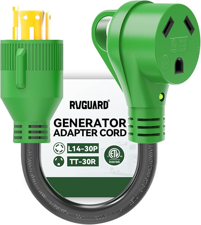 RVGUARD 4 Prong 30 Amp to 30 Amp RV Generator Adapter Cord 12 Inch, STW 10/3, L14-30P Locking Male Plug to TT-30R Female with LED Power Indicator, Green