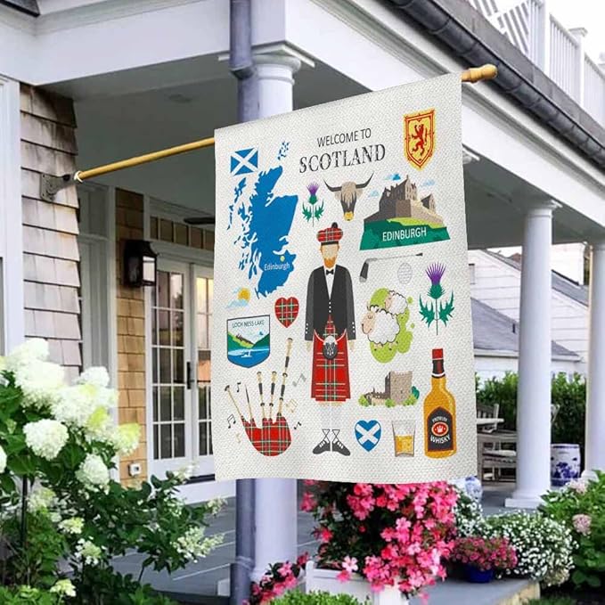 AOYEGO Welcome to Scotland House Flag 28 x 40 Inch Large Vertical Double Sided Travel Collection Scotsman Kilt Icon Map Thistle Seasonal Outside Décor for Garden Yard Farmhouse Flags