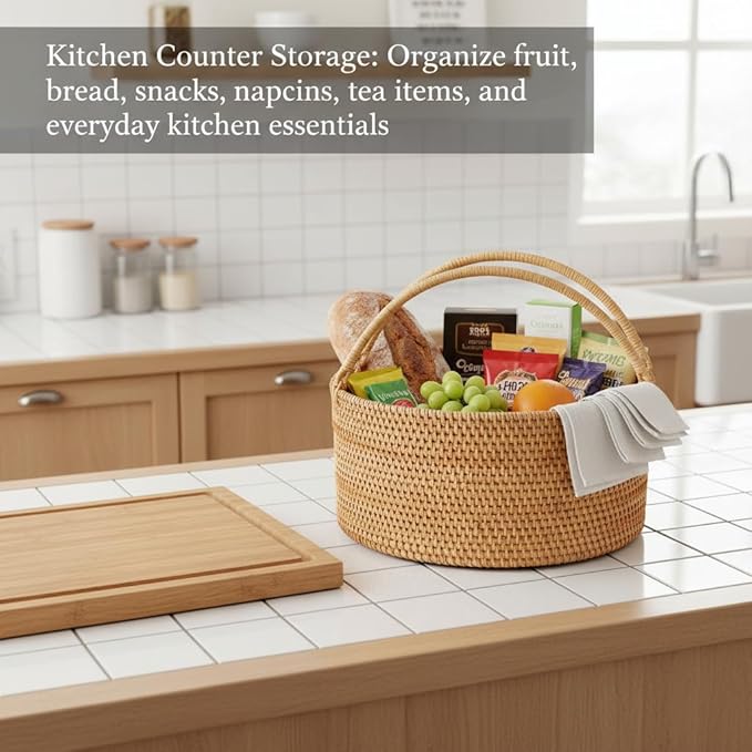 Handwoven Rattan Storage Basket with Handles, Natural Wicker Decorative Basket for Kitchen Counter, Pantry Organization, Floral Arrangement, Gift Packaging & Home Decor