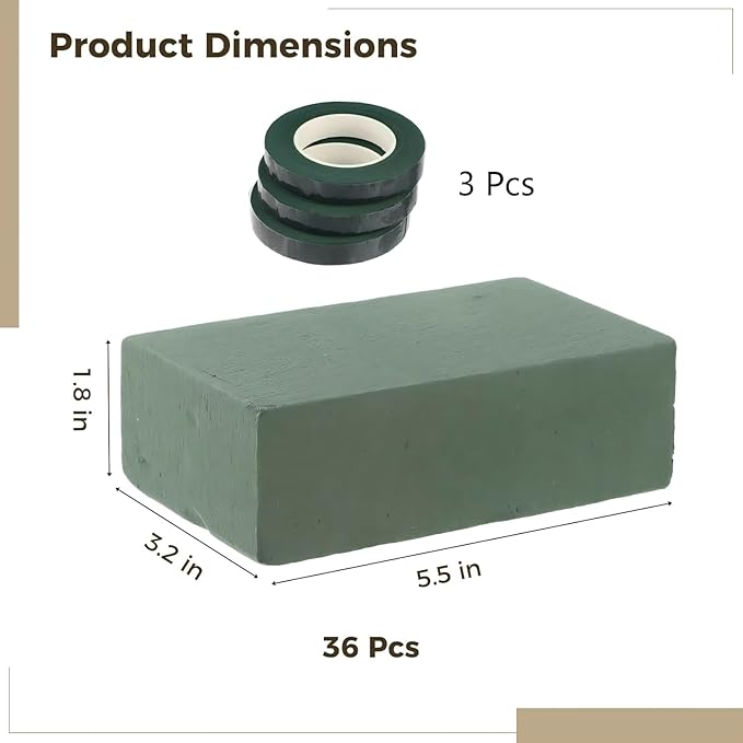 36 Pcs Floral Foam Blocks Set with 3 Green Tapes, Wet & Dry Flower Foam Bricks for Fresh and Artificial Arrangements, Green Florist Foam for Wedding, Party, Birthday, Home Decorations