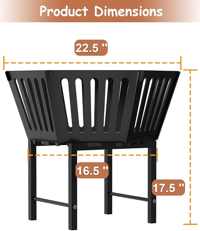 22.5 Inch Portable Hexagon Fire Pit with Travel Bag — Heightened Smokeless Design Outdoor Wood Burning Fire Pit for Camping, Backyard, Patio, Bonfire, Picnic and BBQ, Vertical Hollow Style