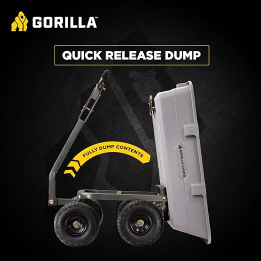 Gorilla Carts Heavy-Duty Poly Dump Cart, 5 Cu Ft Tub, 800 lb Haul Capacity, Gray – Towable Utility Wagon with Quick-Release Dumping & Pneumatic Tires for Yard, Landscaping and Gardening