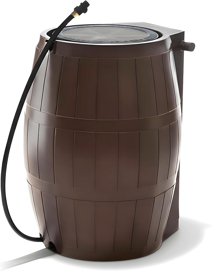 FCMP Outdoor Raincatcher 4000 Rain Barrel, Flat-Back Rainwater Catcher with Spigots, 50 Gallon, Brown - Portable Water Storage Container Tank for Home, Garden, and Backyard