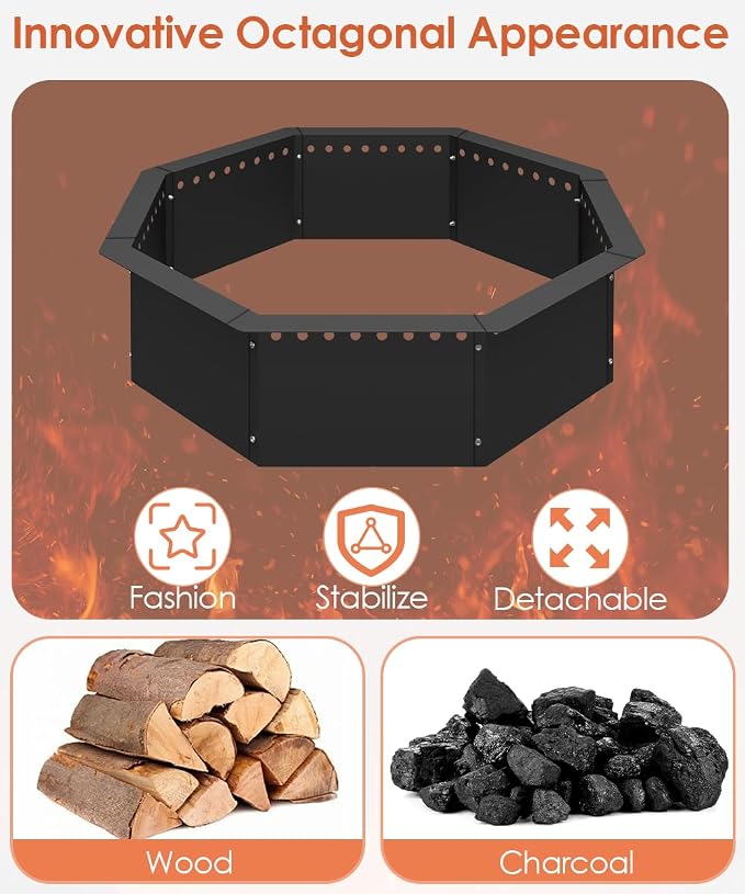 Mocomax Smokeless Fire Pit Ring 35-Inch Outer 31-Inch Inner Diameter, Large Solid Steel Firepit Liner for Outside Wood Burning, DIY Campfire Ring Above or In-Ground for Outdoor, Octagonal