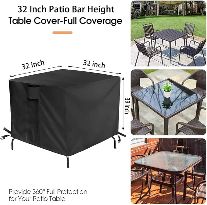 Outdoor Table Cover for Patio Bar Height Table, 32 Inch Square Outdoor Bistro High Top Table Cover, Waterproof Patio Furniture Cover for Small Tall Table - 32 X 32 X 39 Inch