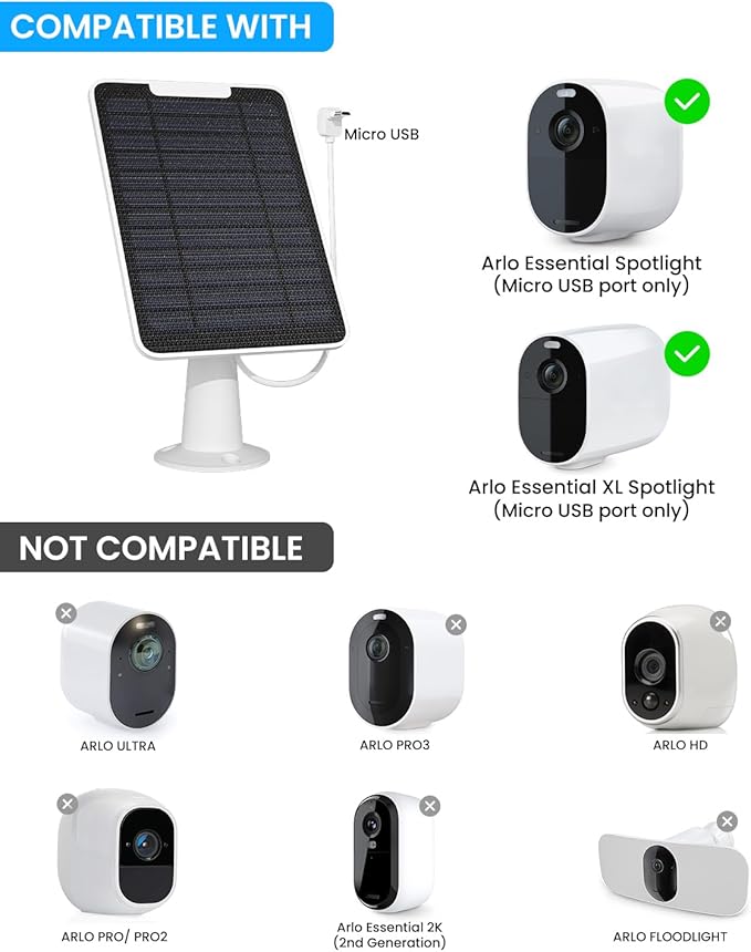 Solar Panel Charger with Micro USB Connection Compatible with Arlo Essential Spotlight/XL Spotlight Camera, 5W Arlo Essential Solar Panel, IP65 Waterproof 10ft Cable, (Not for 2K/2nd Gen), 3 Pack