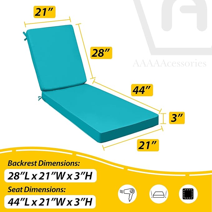 AAAAAcessories Outdoor Chaise Lounge Cushions, Fade-Resistant, Waterproof Patio Furniture Replacement Cushions, 72" x 21" x 3", Set of 2, Turquoise Blue