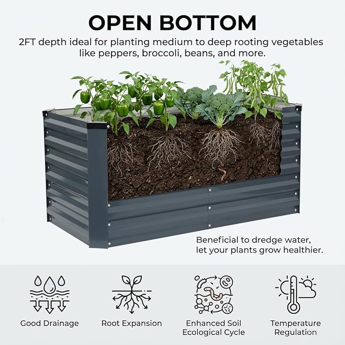 STBoo Galvanized Raised Garden Bed 6x3x2ft, Raised Beds for Gardening, Reinforced Support Bars & Safety Edges for Vegetables, Flowers, Herbs, Gray (Grey, 4x2x2FT)