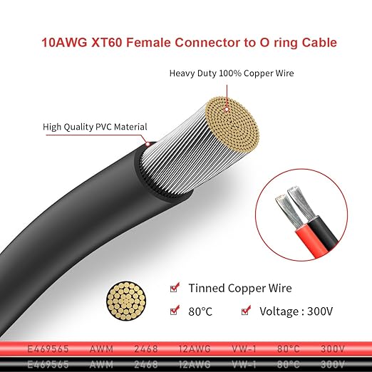 ELFCULB XT60 to O Ring Terminal Cable, 10AWG XT60 Female to O Ring Connector Cable with Tinned Pure Wire for RC Battery Solar Portable Power Power Station and Solar Panel(10FT)