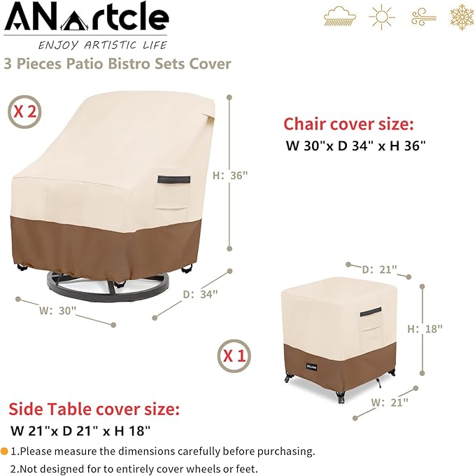 ANartcle 3 Pieces Patio Bistro Sets Cover,600D Waterproof Heavy Duty Patio Furniture Covers,Includes 2 Outdoor Swivel Chair Covers and 1 Patio Wicker Side Table Cover(Beige&Brown)