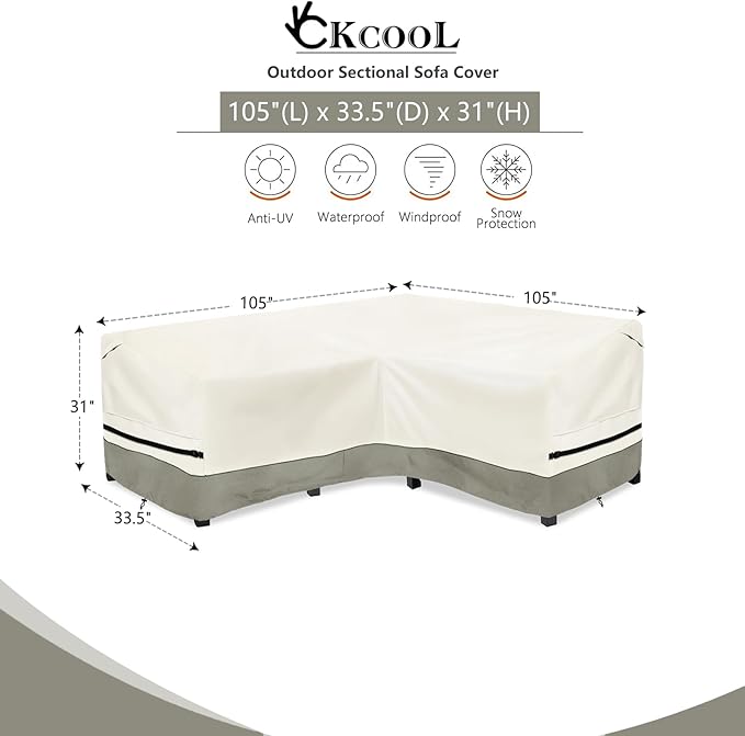 okcool Outdoor Sectional Cover,V-Shaped Patio Furniture Covers for 7-Seater Outdoor Sectional Furniture Couch（105''X105''）,White&Grayish Green