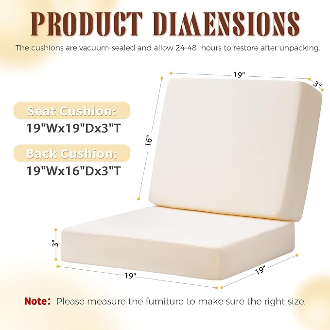 Deep Seat Patio Cushions Set, 19x19 Inch Waterproof & Fade Resistant Outdoor Chair Cushions, Thick Padded Replacement Sofa Cushions for Garden Yard Furniture