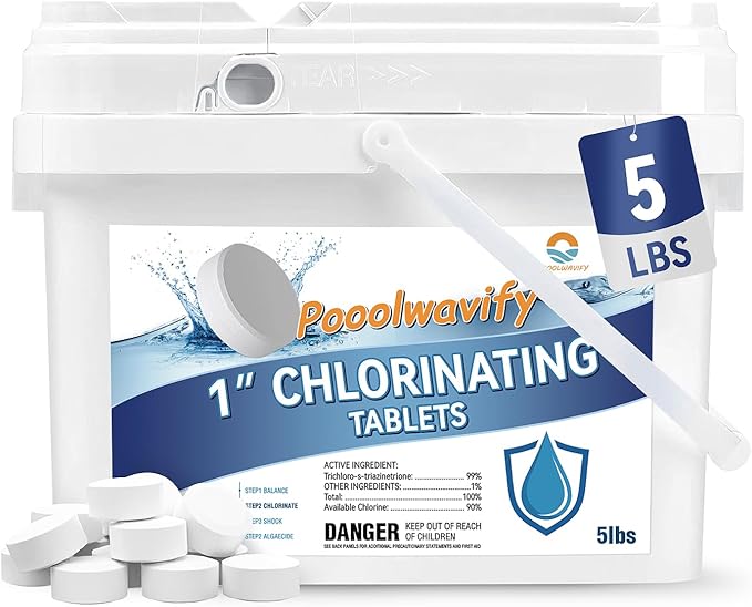 1 Inch Chlorine Tablets for Pools & Spas, 5 LB – Slow Dissolving Stabilized Trichlor Tabs with 90% Available Chlorine for Hot Tubs, Above-Ground & In-Ground Pools