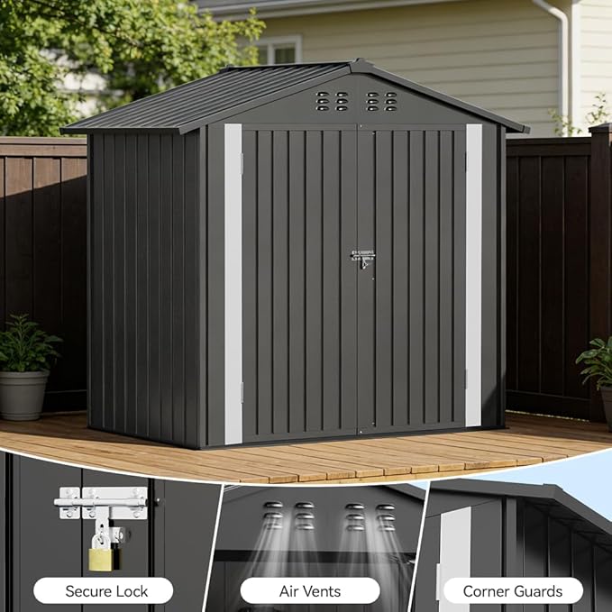 COMHOMA Shed Storage Outdoor Metal Windowed Lockable Solar Motion Light Adjustable Weatherproof Ventilated Backyard Garden Utility Workshop(Grey,6'*4')