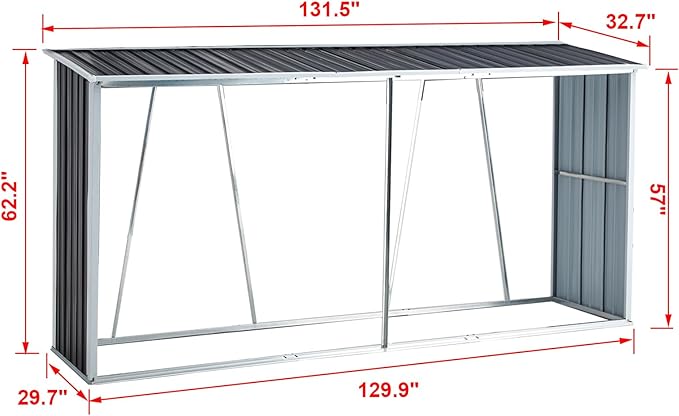 Galvanized Steel Log Storage Shed With Steel Floor Frame Raised Floor Slats Sloping Roof Design For Storing Your Firewood dark gray