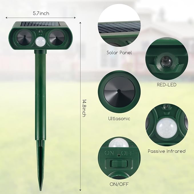 4 Pack Solar Ultrasonic Animal Repellent Outdoor Deer Repellent Devices Waterproof Motion Activated Animal Deterrent Device to Scare Cat Dog Squirrel Rabbit Raccoon Skunk Out of Yard Garden Lawn