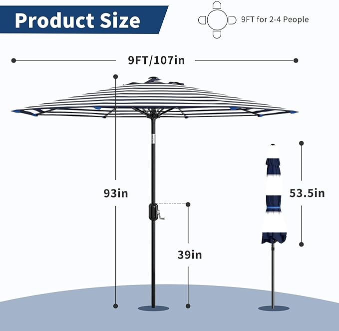 Garvee 9 ft Patio Umbrella - 8 Sturdy Ribs Outdoor Table Umbrella with Crank Lift & Push Button Tilt - Market Umbrella for Pool, Deck, Yard, Garden -Navy blue & White Stripe