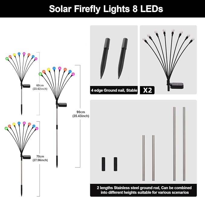 Solar Firefly Lights Multicolor, 2 Pack 800mAh Swaying Firefly Garden Lights Solar Powered Outdoor Waterproof Color Changing for Outside Yard Patio Lawn Pathway Walkway Stake Christmas Decor
