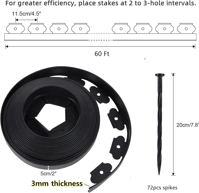 No Dig Durable Garden Landscape Edging Kit, 2" Tall Black Plastic Lawn Border for Landscaping, Flower Gardens, Lawn (100FT+ 120pcs Anchoring Spikes, Black)