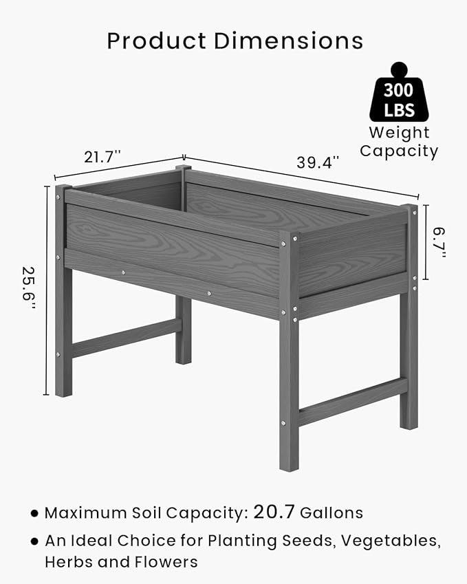 HDPE Raised Garden Bed with Legs, Outdoor All-Weather Elevated Planter Box Raised Beds for Seeds, Herb, Flower, Vegetable (Grey)
